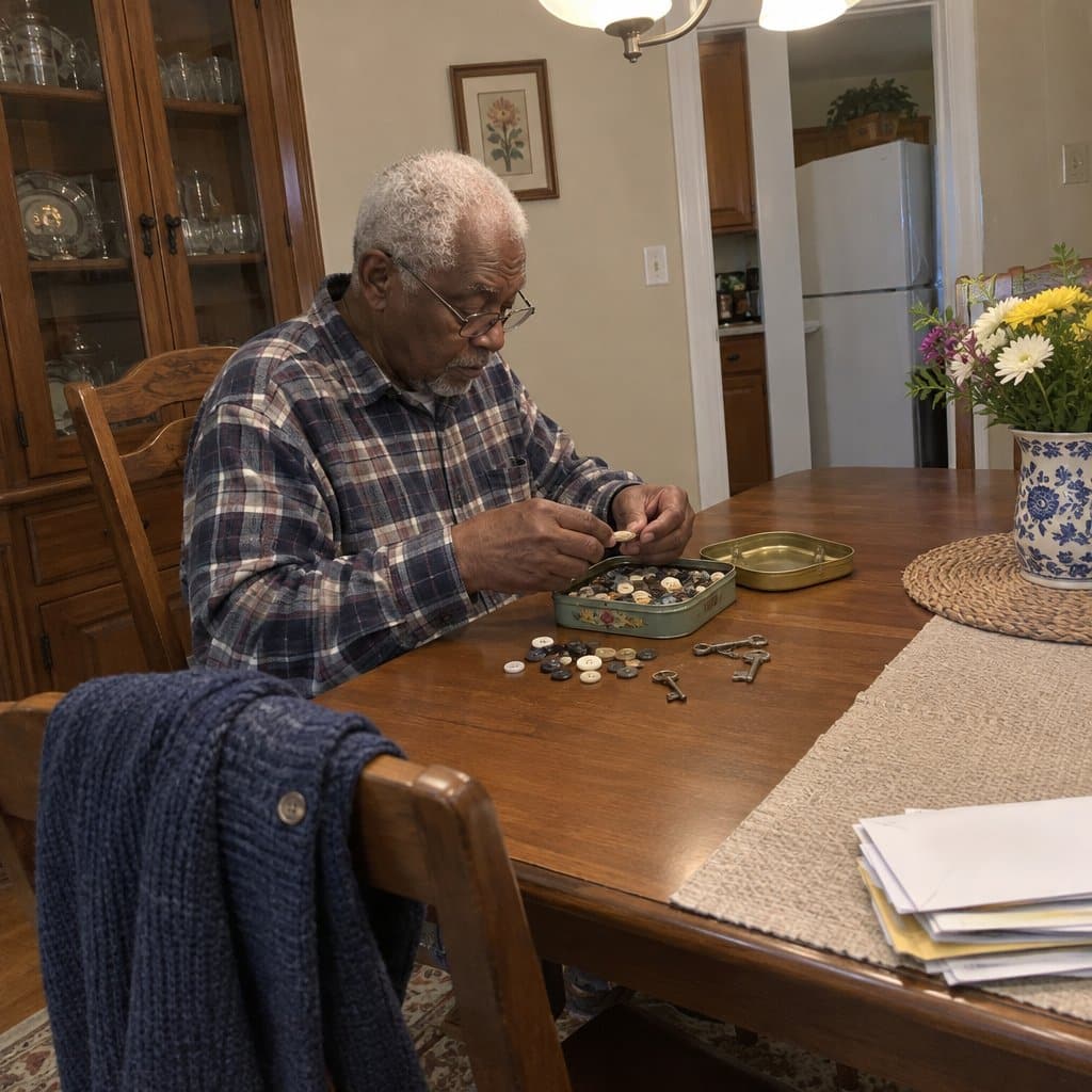 An older man at a dining table sorting buttons and keys from a small tin.