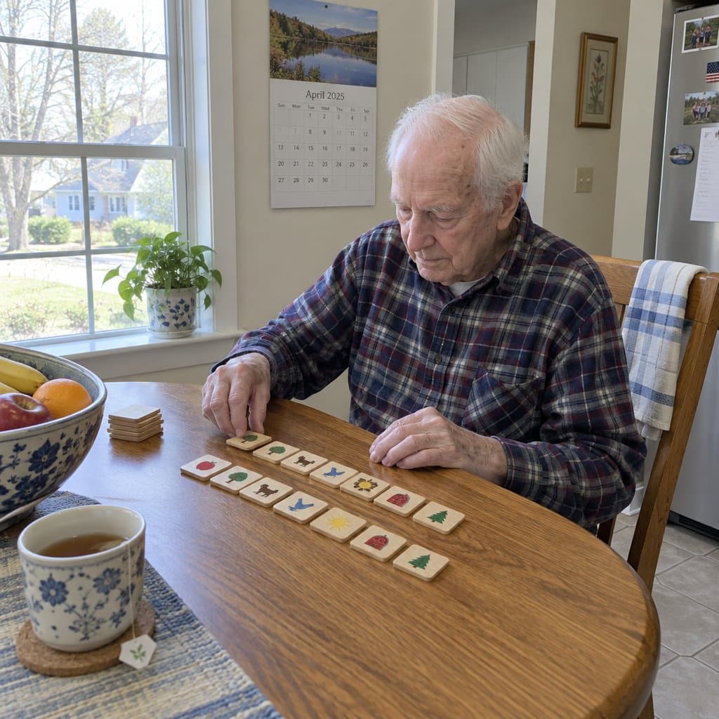 An older man sorts wooden matching tiles into rows at a sunny kitchen table.
