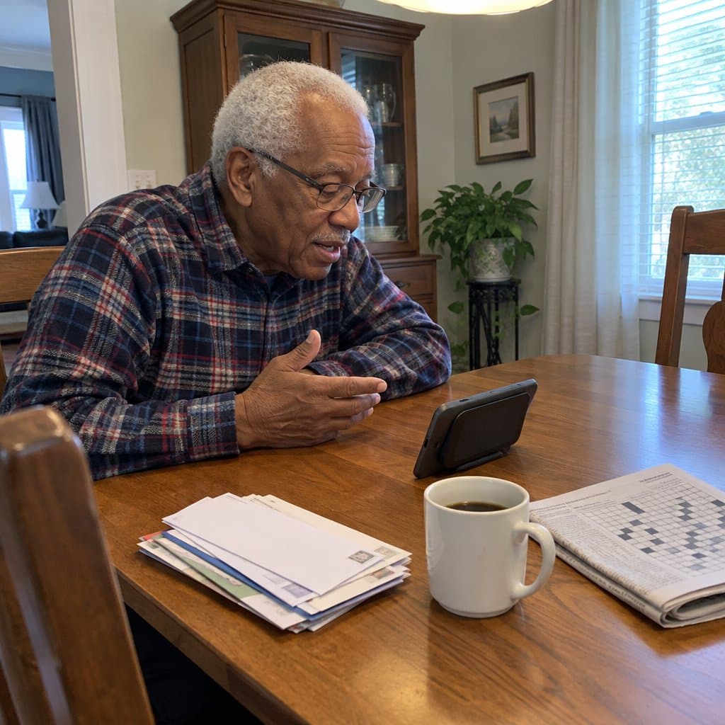 Older man at a dining table speaking toward a small recorder lying in front of him