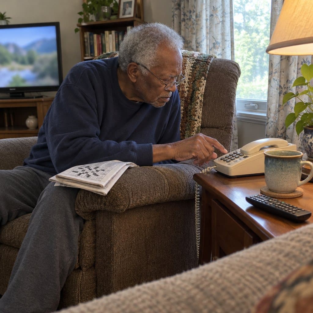 Older man in a recliner squinting at the keypad of a corded phone on a side table