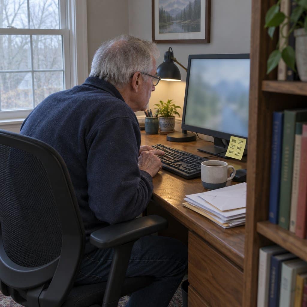 Older man with grey hair squinting at a small-keyed black keyboard at a home office desk