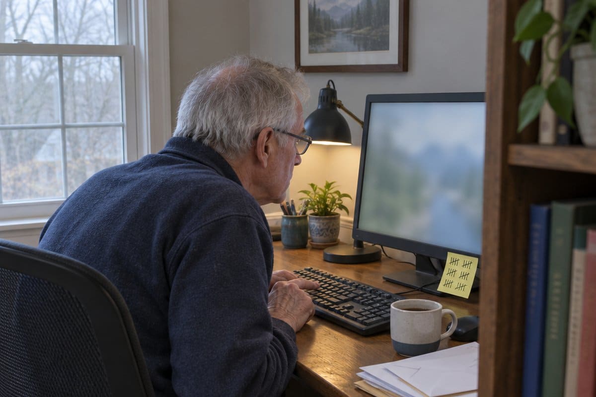 Older man with grey hair squinting at a small-keyed black keyboard at a home office desk