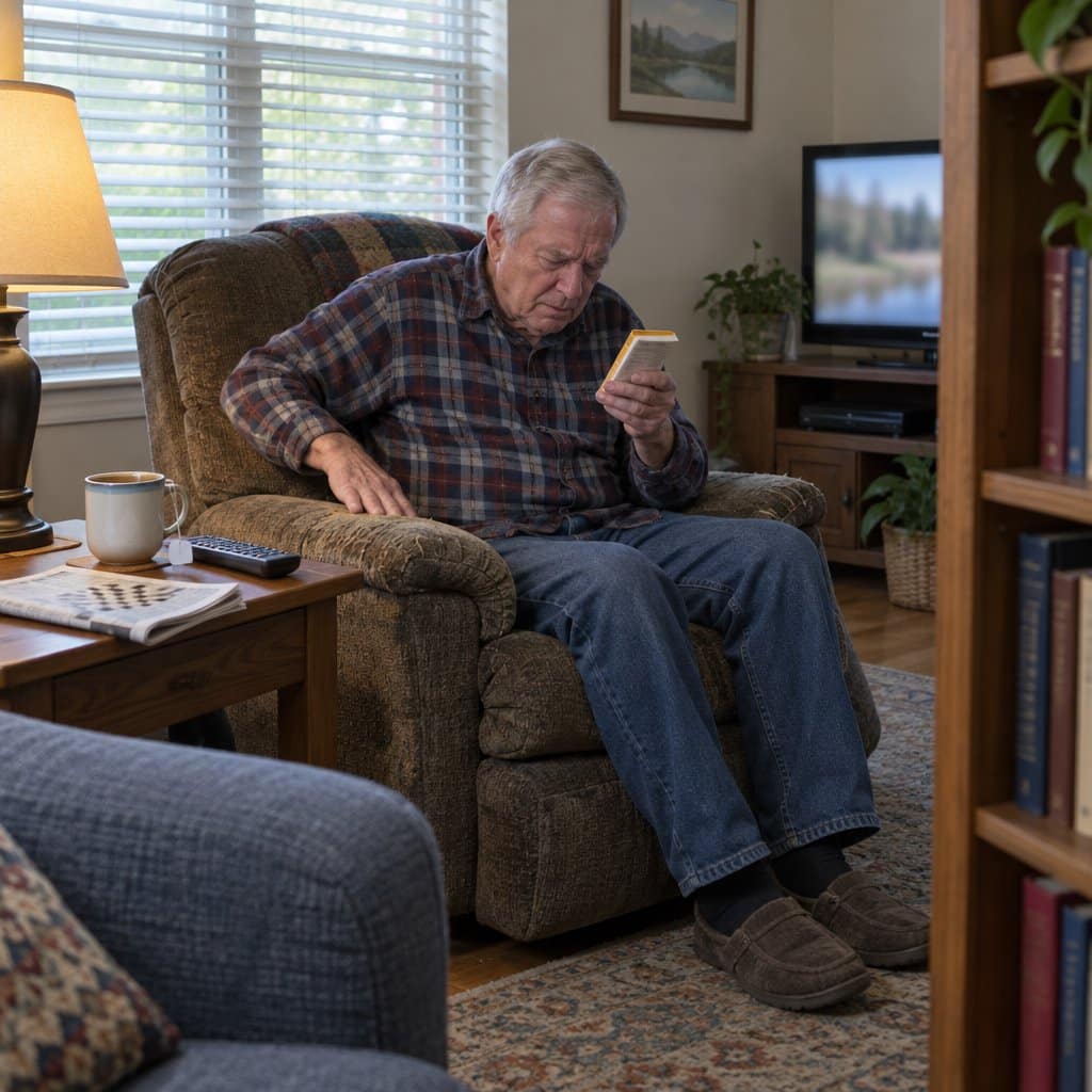 Older man in a recliner squinting at a small paperback held close to his face in a living room.