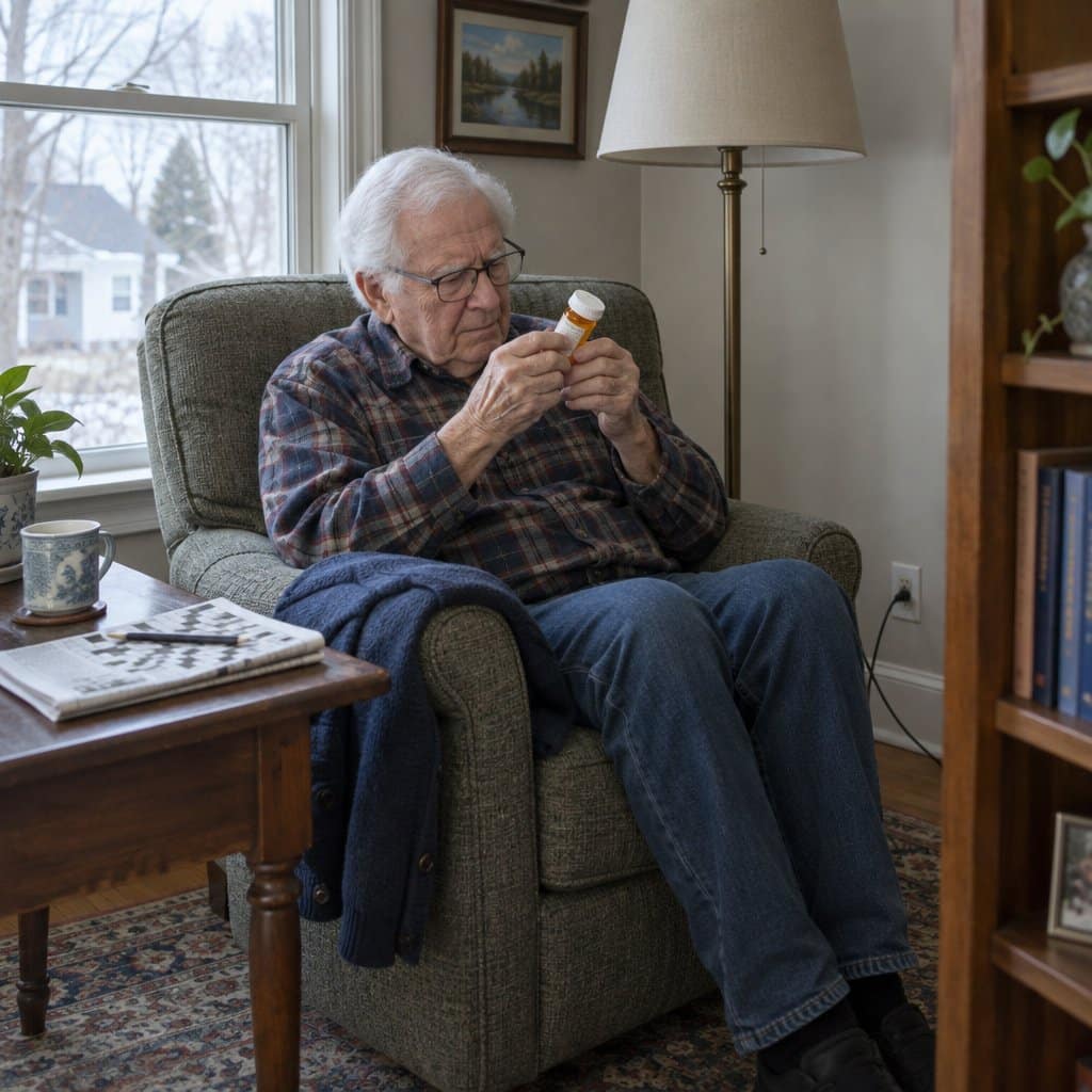 Older man in an armchair holding a prescription bottle close to his face to read the label