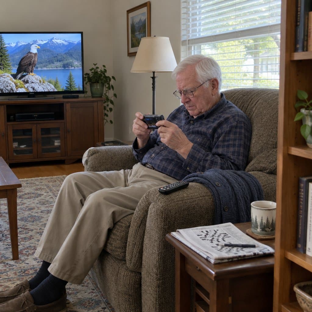 Older man in an armchair squinting down at a small digital camera in his hands