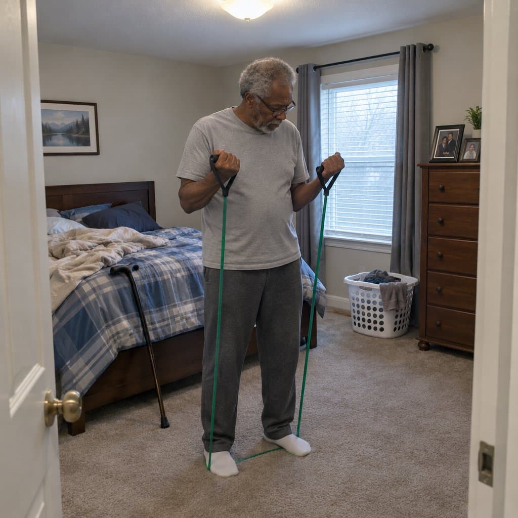 Older man standing on a resistance band doing a bicep curl in a bedroom with a cane nearby