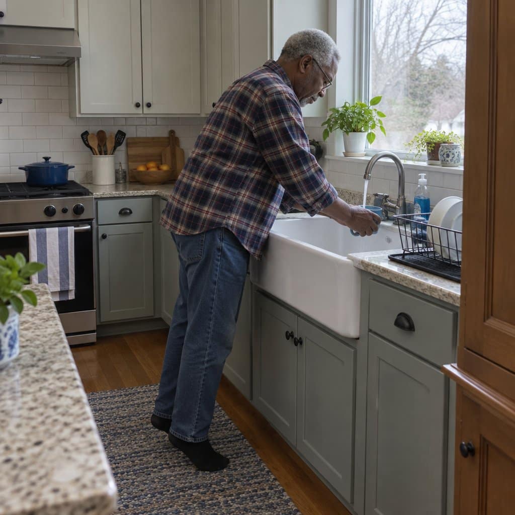 Older man stretching forward over a deep kitchen sink to hold a cup under the faucet