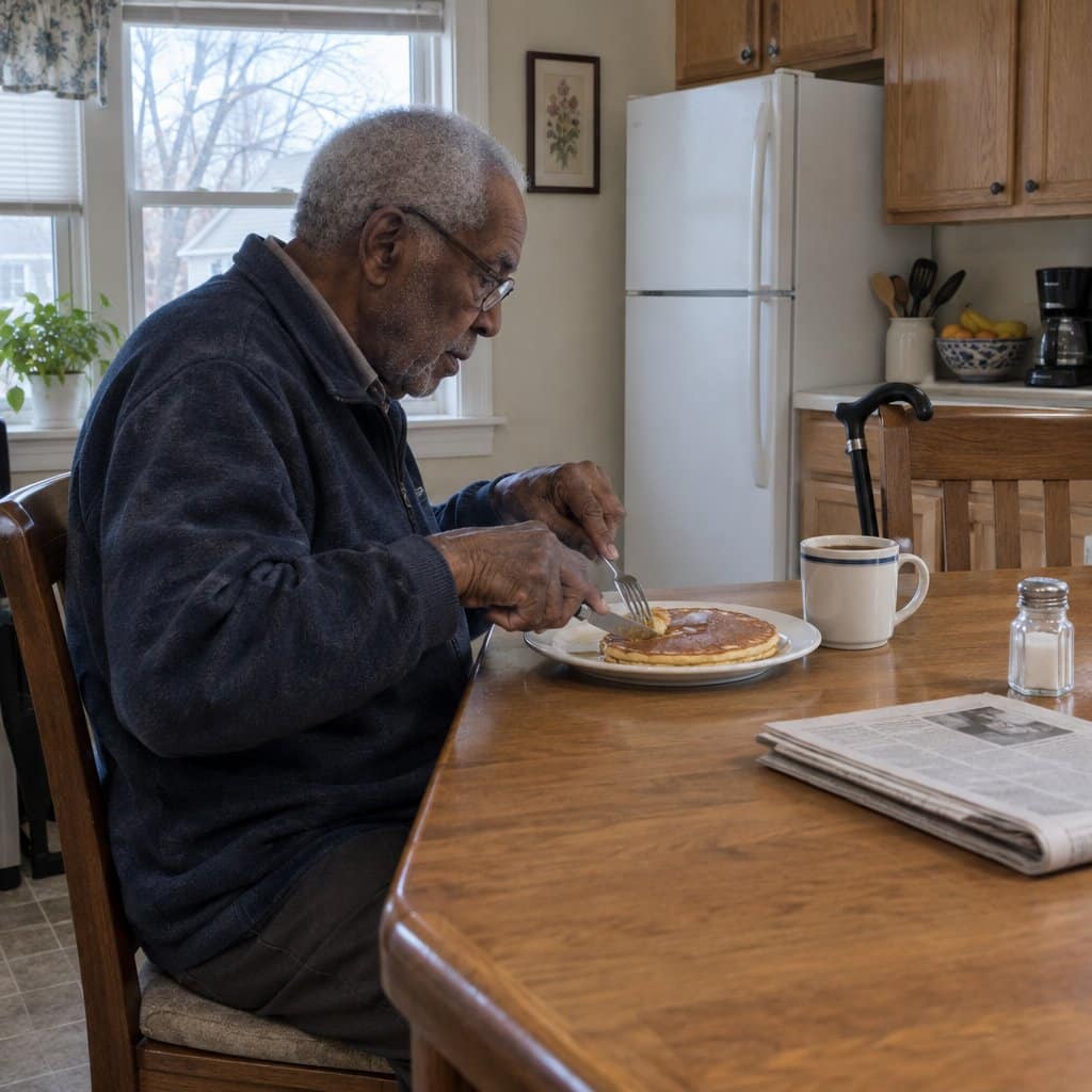 Older man at a kitchen table trying to cut pancakes with ordinary knife and fork