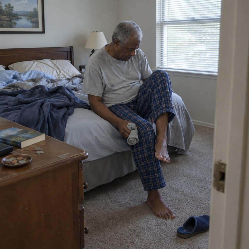 Older man sitting on the edge of a bed looking down at his bare foot, holding rolled socks