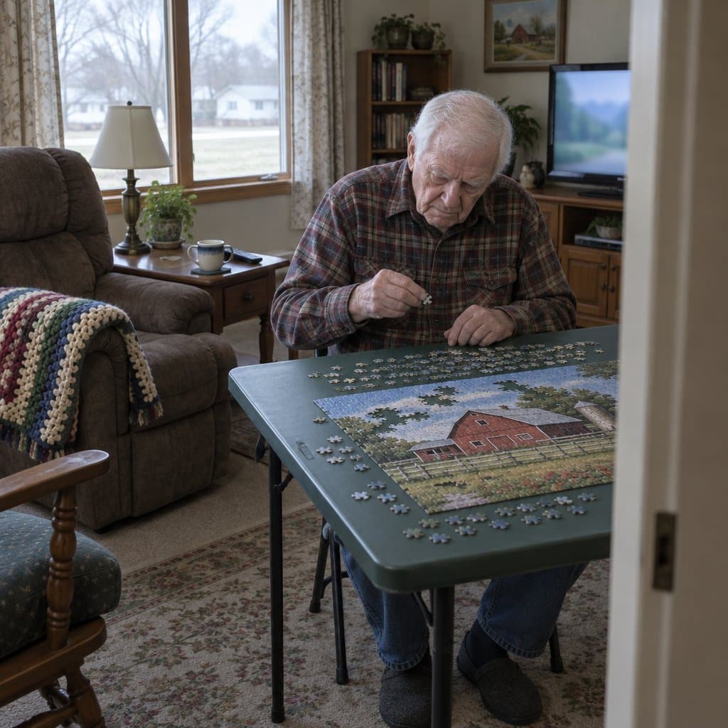 Older man at a card table frowning over a half-finished jigsaw puzzle with small pieces