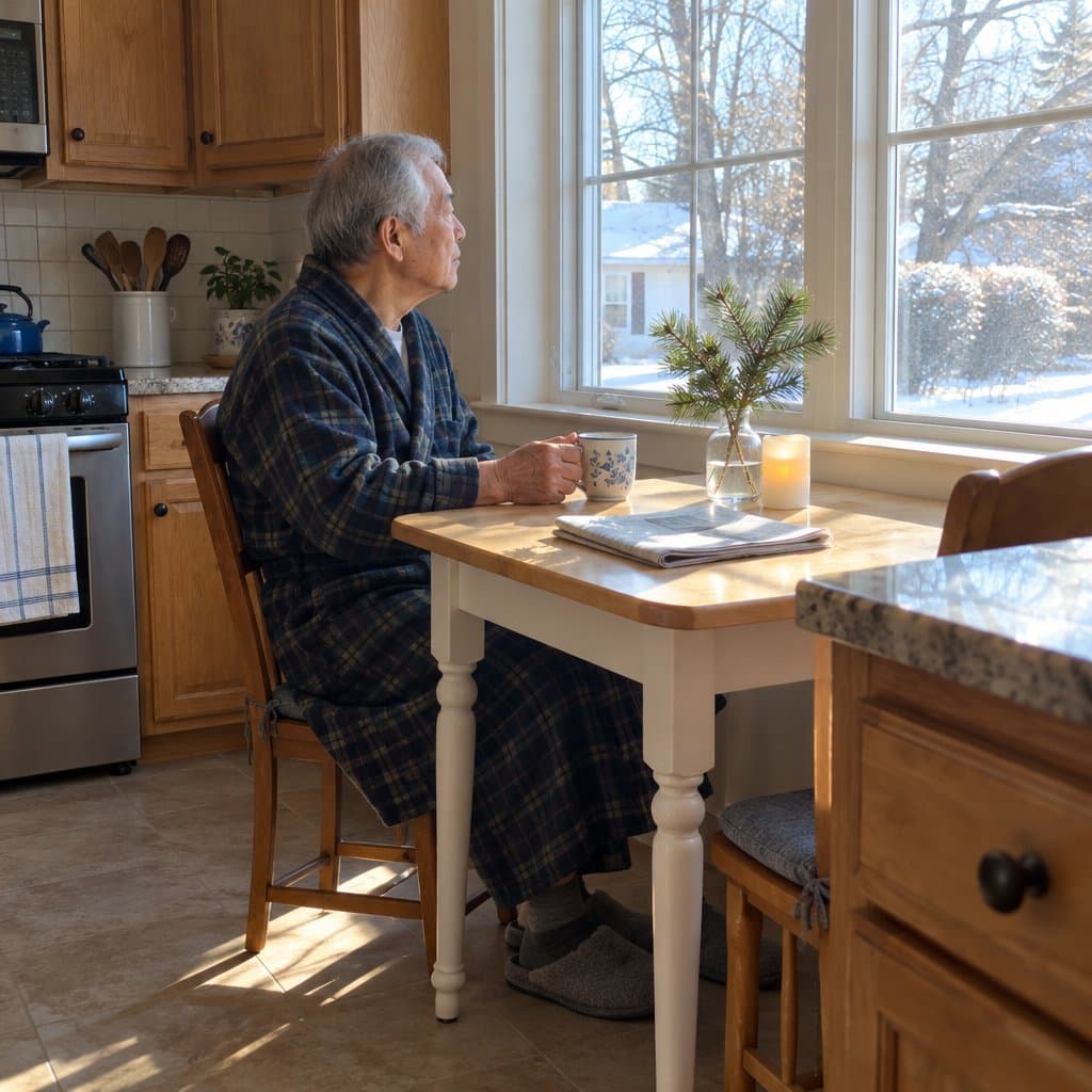 Older man sitting by a sunny kitchen window with tea, an electric candle and a pine branch in a vase