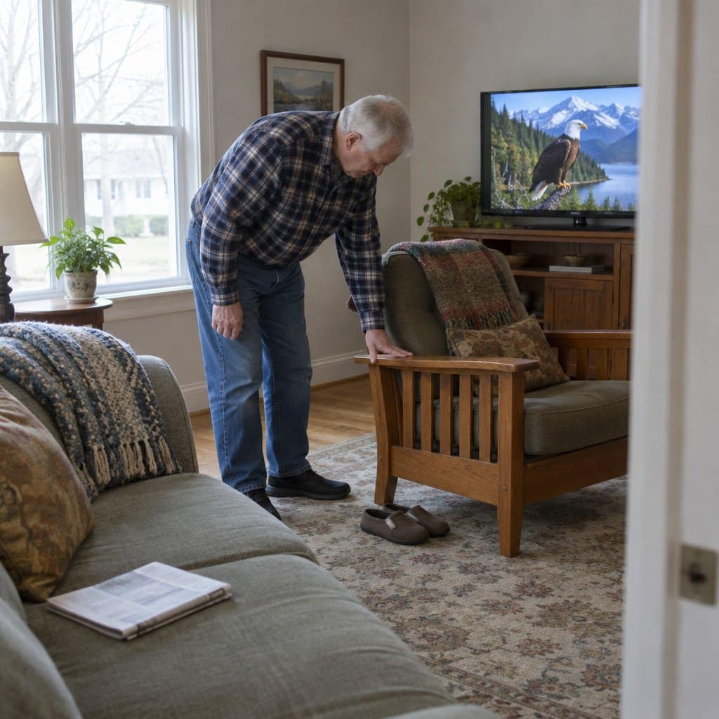 Older man pressing on the arm of a wooden armchair in a living room to check if it wobbles