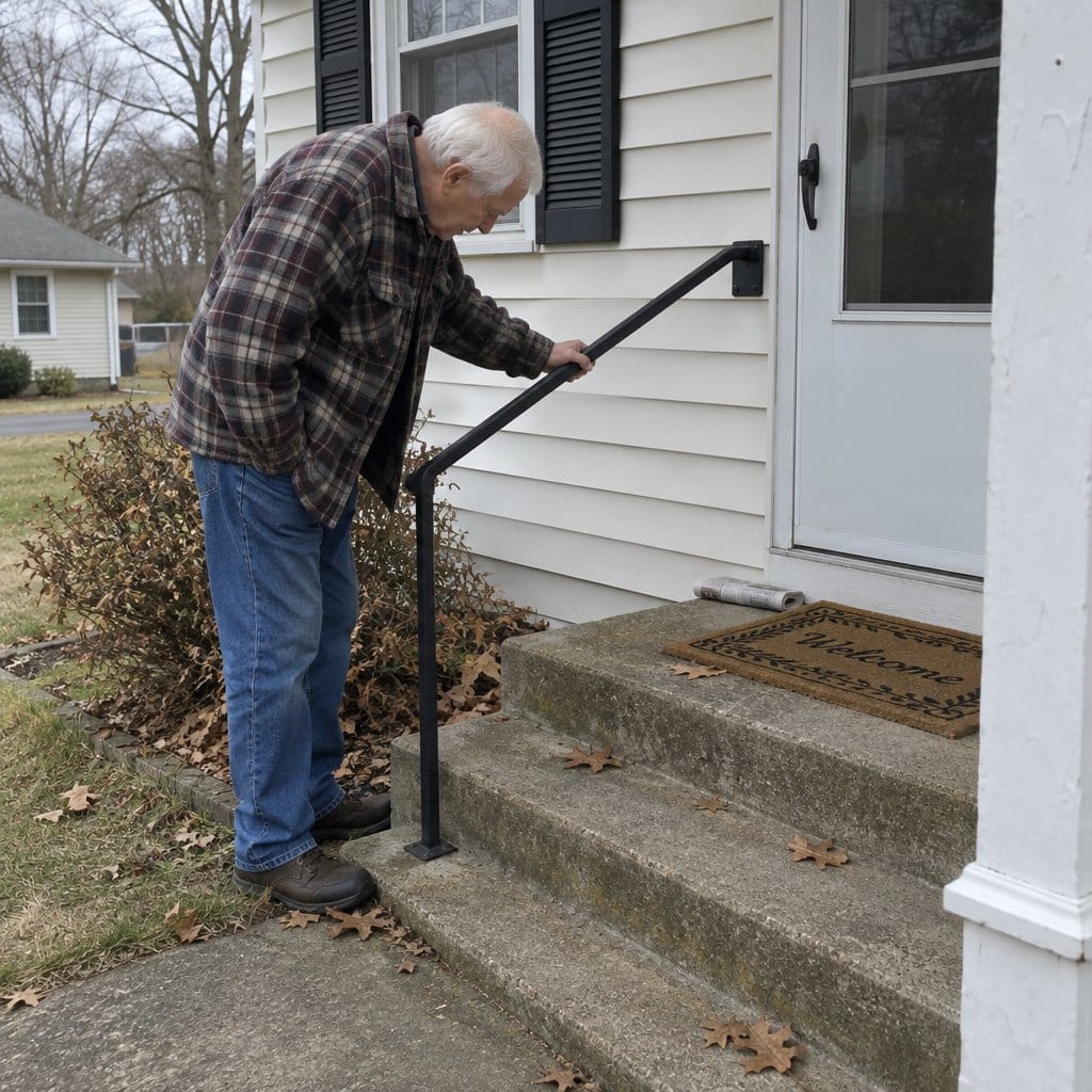 Older man gripping and leaning on a metal handrail beside concrete front steps on an overcast morning