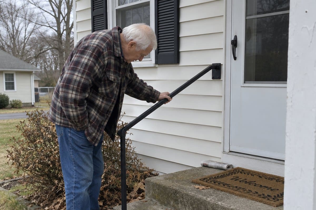 Older man gripping and leaning on a metal handrail beside concrete front steps on an overcast morning