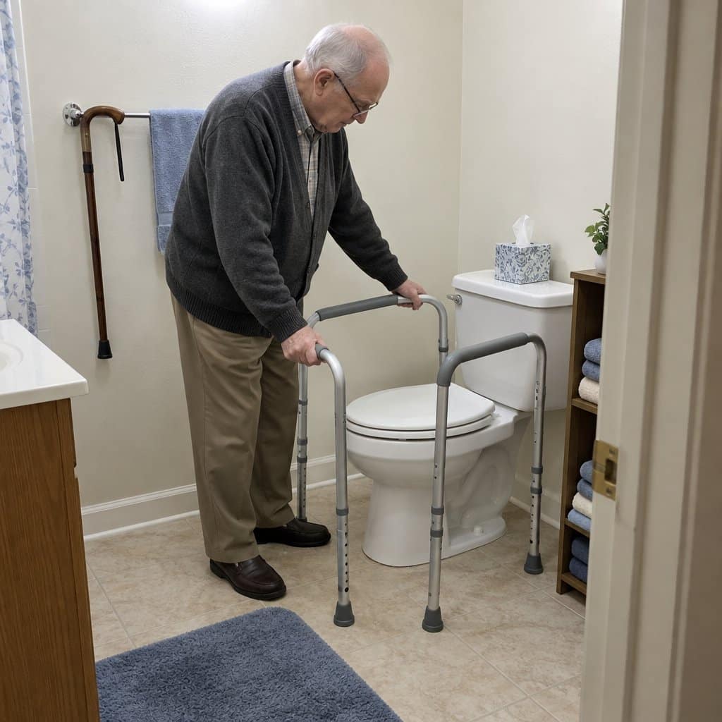 Older man with a cane hung nearby shaking a toilet safety frame to test it
