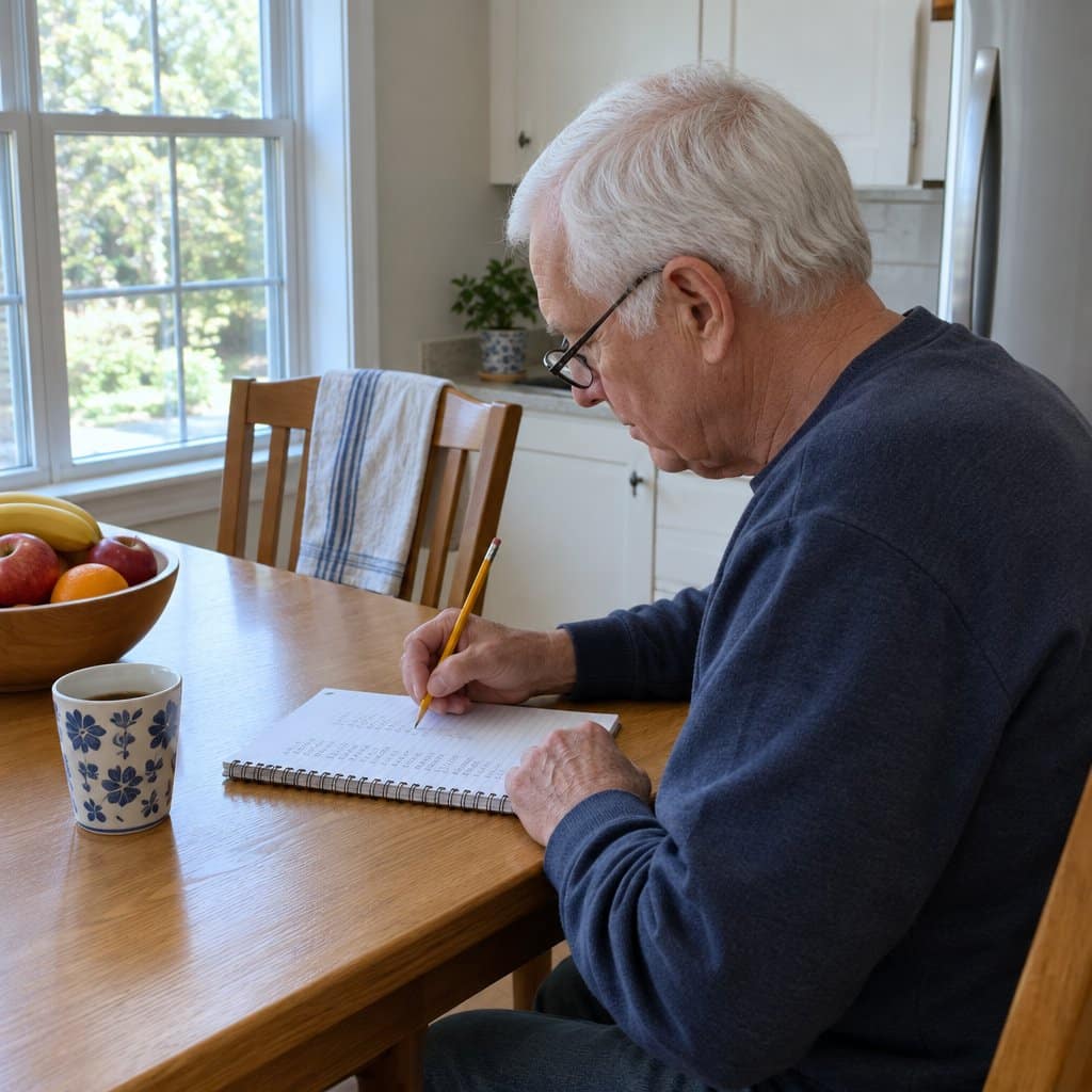 Older man writing budget entries in a notebook at a sunny kitchen table
