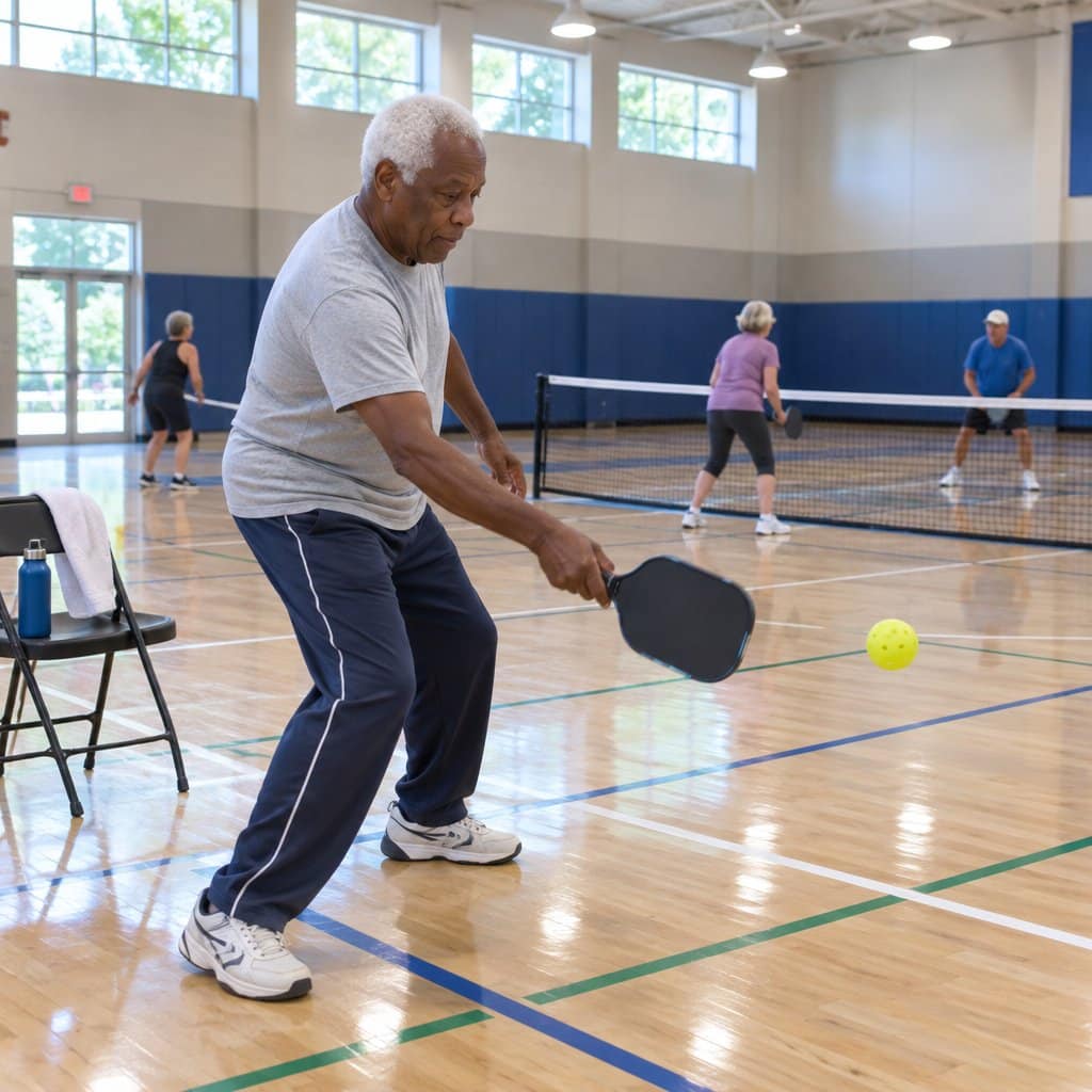 Older man swinging a paddle during a pickleball game on an indoor court