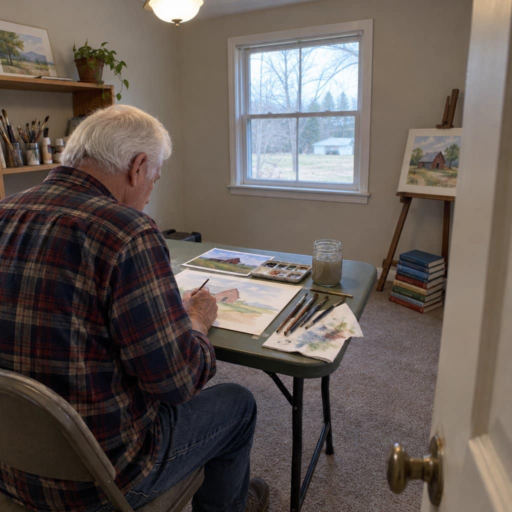 Older man painting a watercolor at a card table with brushes and a jar of water
