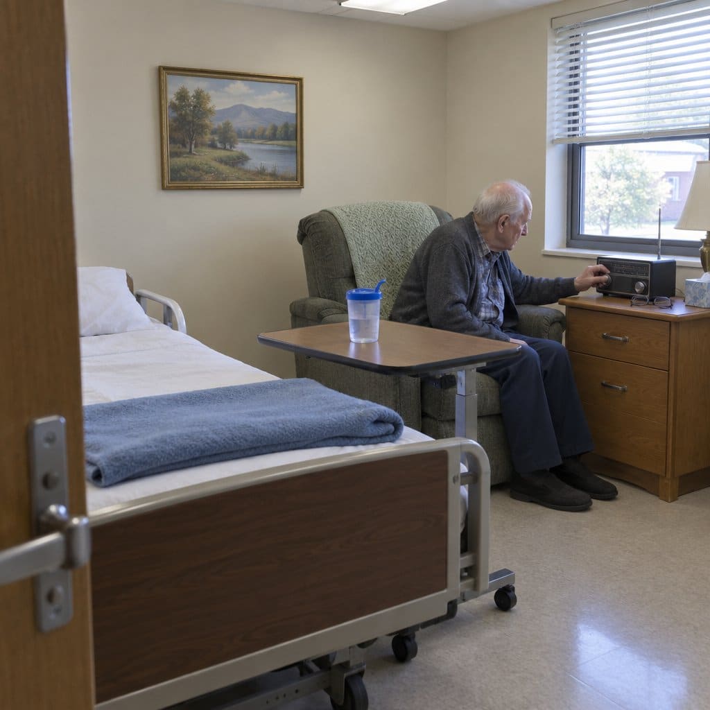 Older man in a recliner in a care facility room reaching toward a small radio on his nightstand