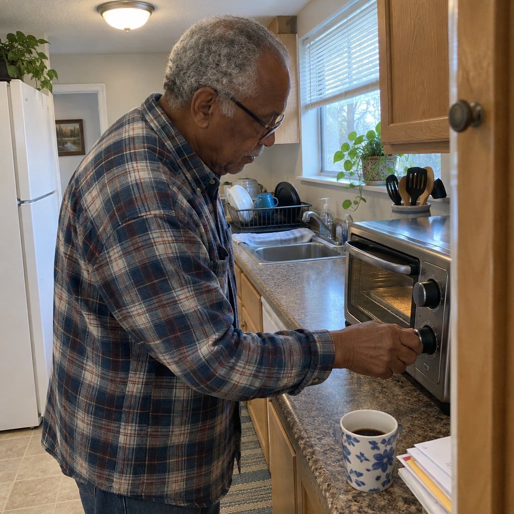 Older man turning a large knob on a toaster oven on a kitchen counter
