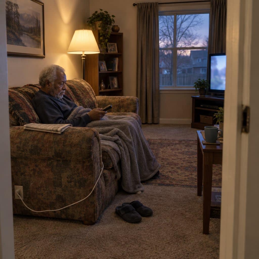 Older man on a sofa under a throw blanket with a cord running to a nearby outlet