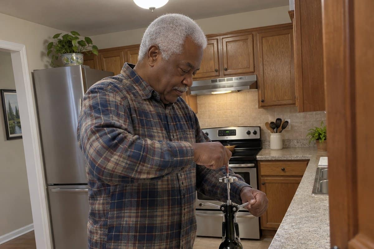 Older man at a kitchen counter pushing down a lever corkscrew on a wine bottle