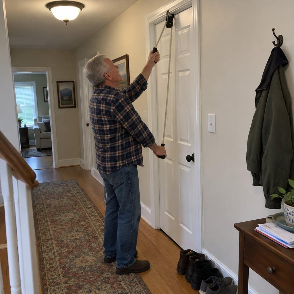 Older man using an over-the-door shoulder pulley in a hallway