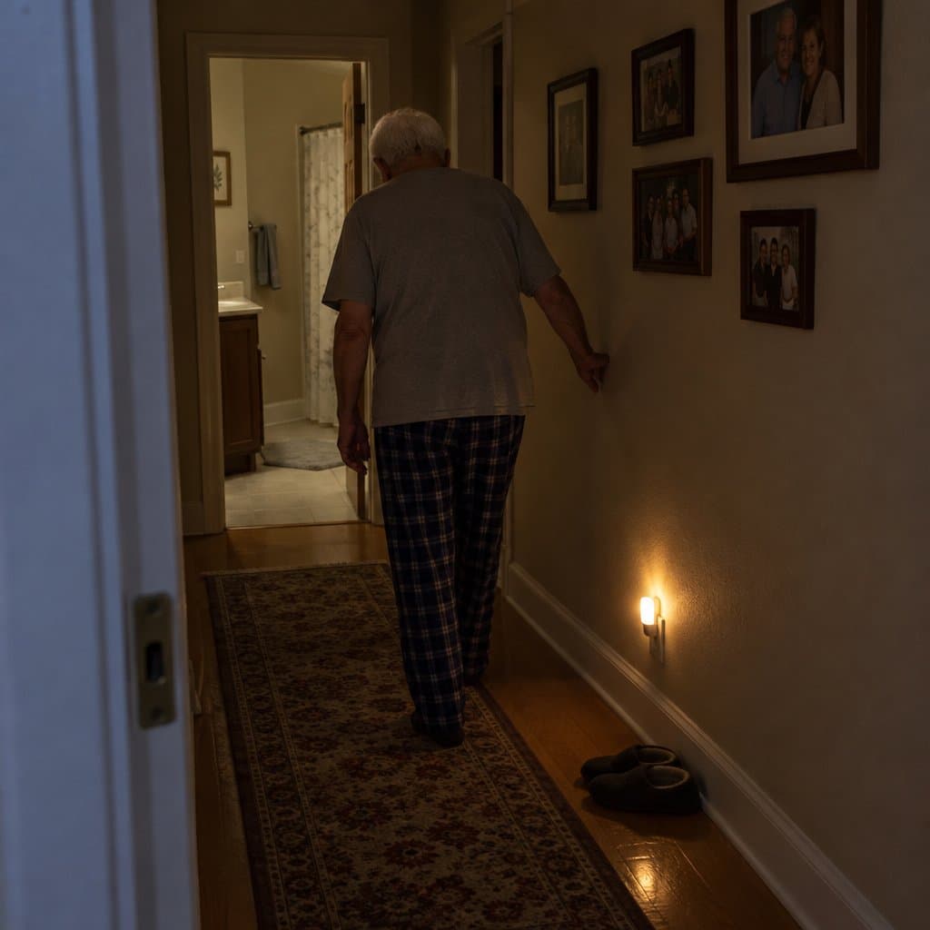 Older man in pajamas walking down a dim hallway lit by a small night light near the floor.