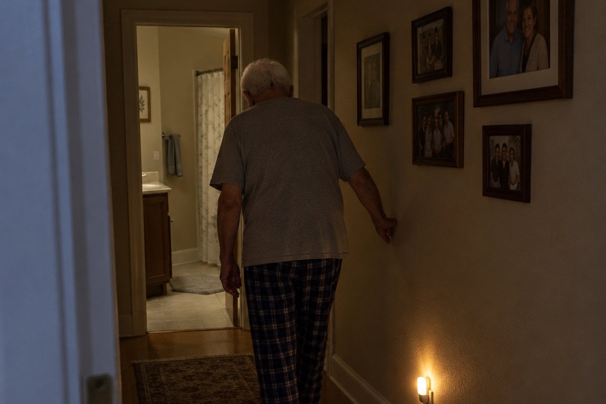 Older man in pajamas walking down a dim hallway lit by a small night light near the floor.
