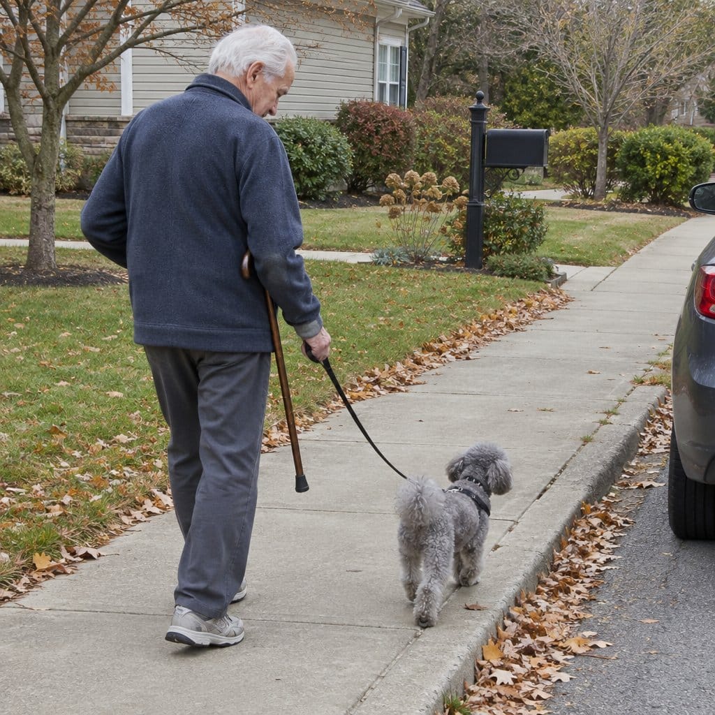 Older man with white hair walking a small grey poodle on a leash along a neighborhood sidewalk