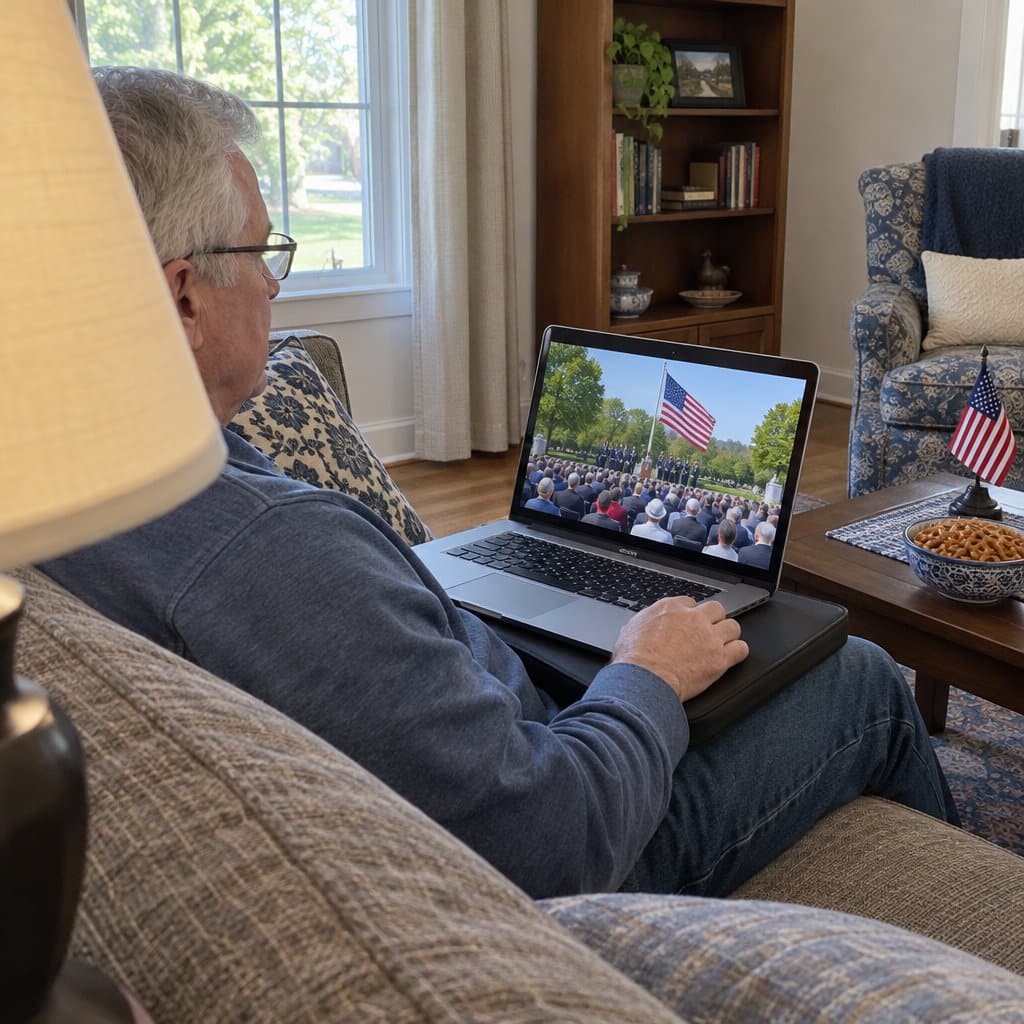 Older man on a sofa watching a livestreamed ceremony with flags on a laptop