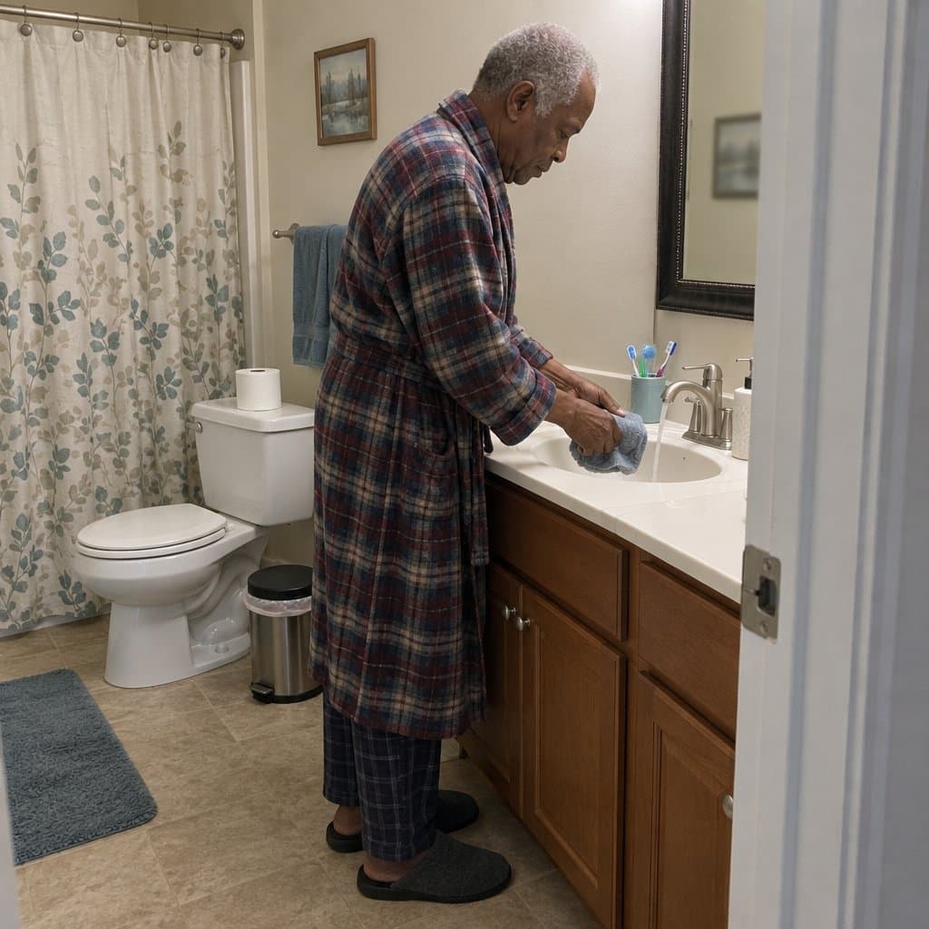 Older man wetting a washcloth at a bathroom sink