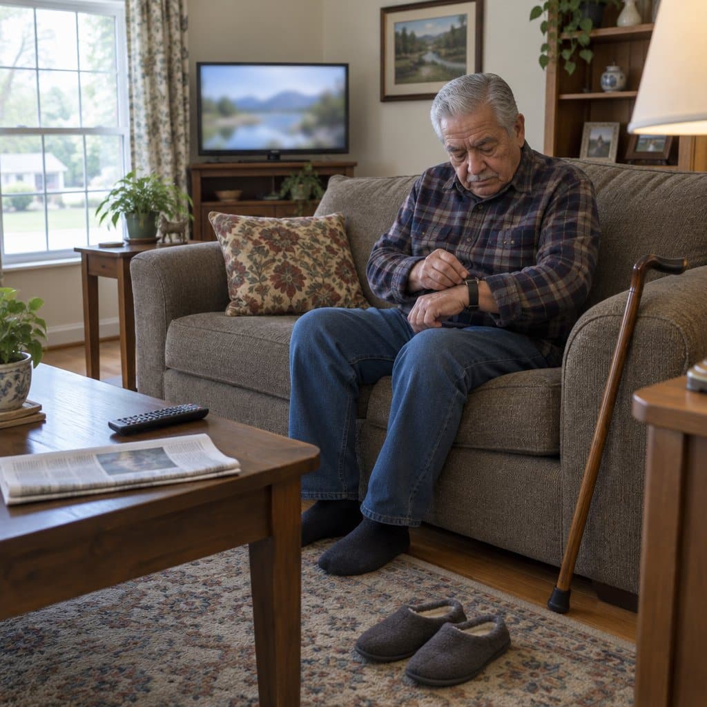 Older man on a couch with a cane nearby fumbling to fasten a watch strap