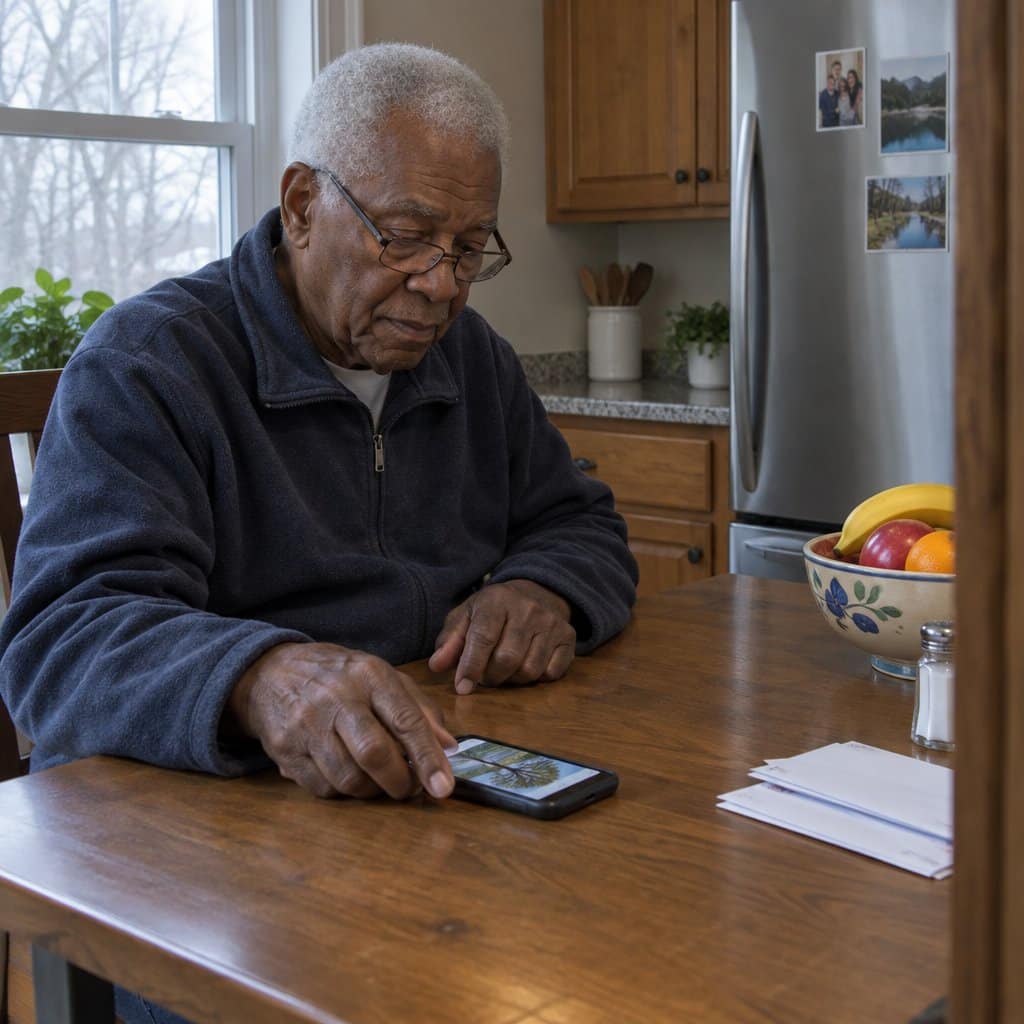 Older man at a kitchen table with a smartphone resting under his stiff hands