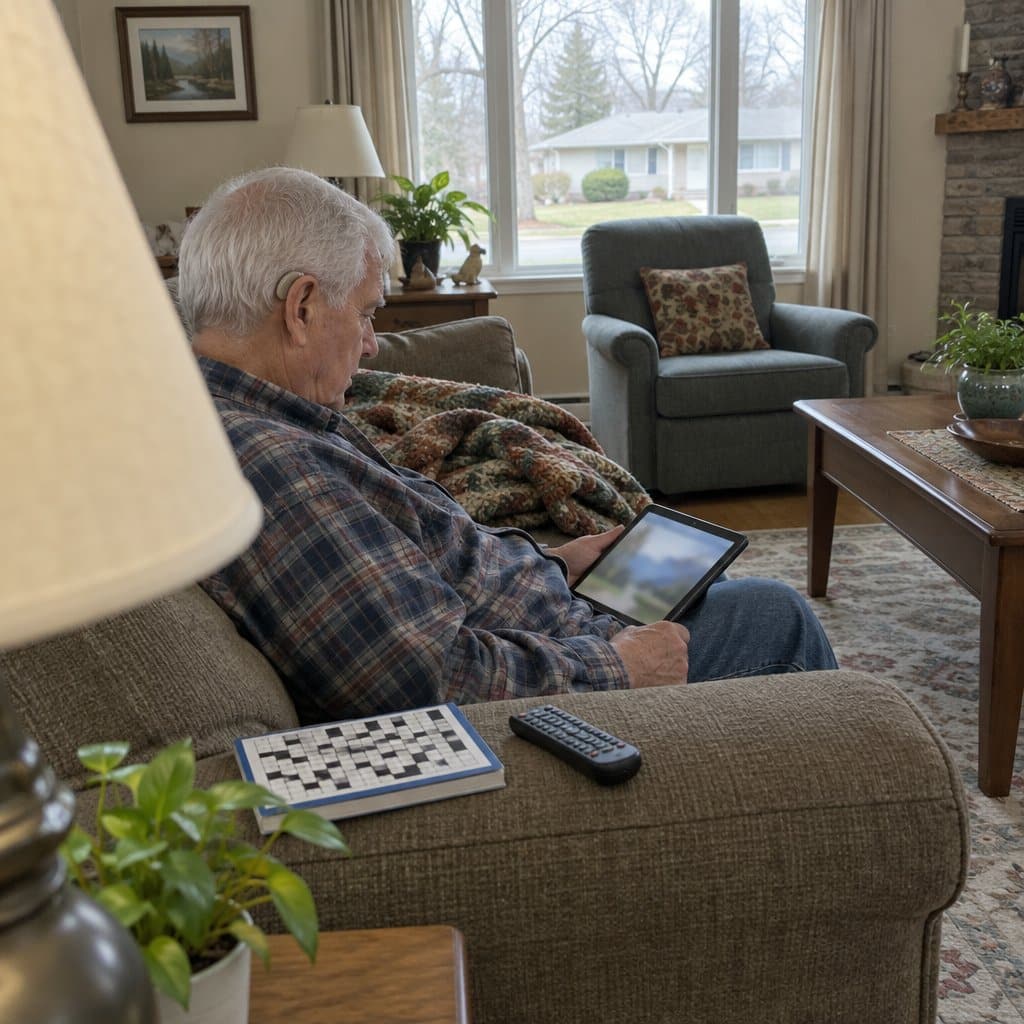 Older man with a hearing aid sitting on a couch looking at a tablet in a living room