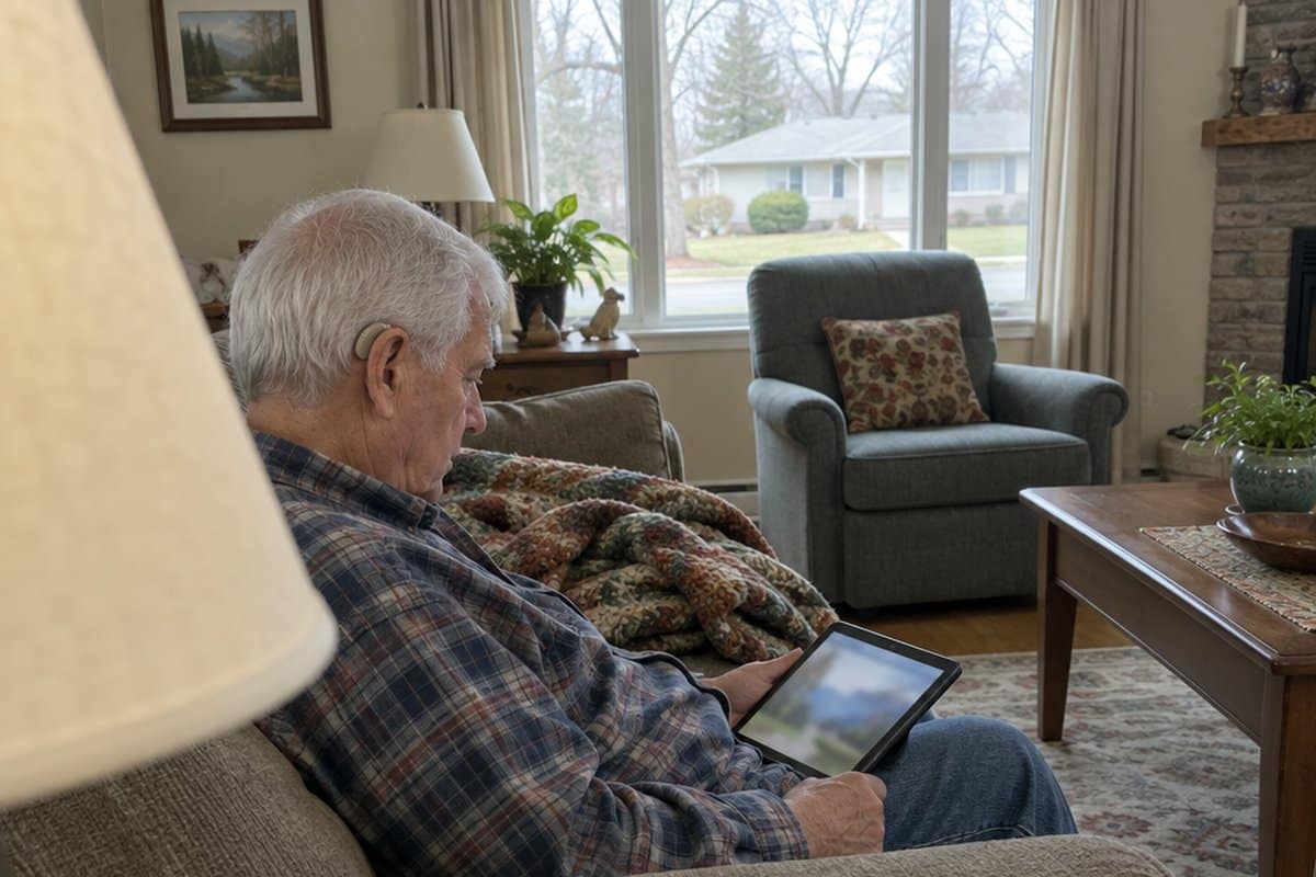 Older man with a hearing aid sitting on a couch looking at a tablet in a living room