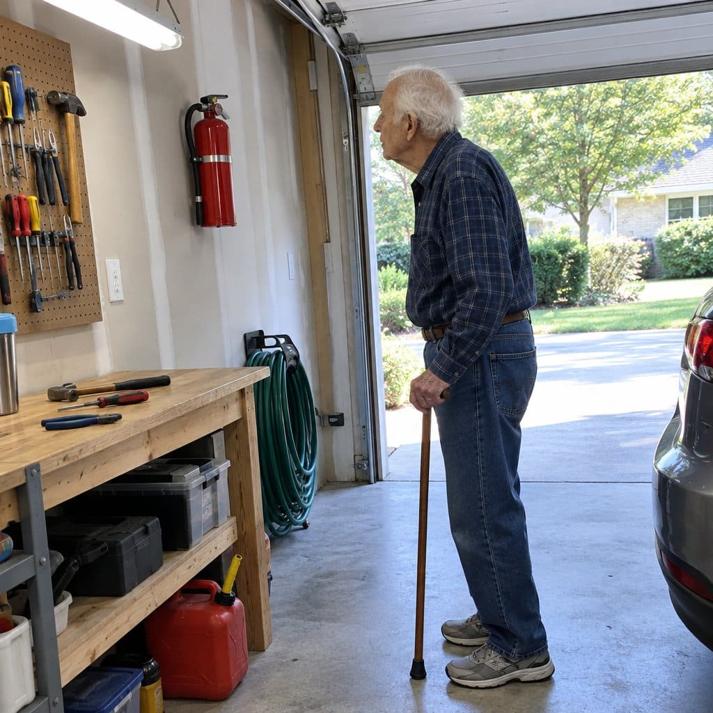 Older man with a cane standing in a garage looking at a red fire extinguisher mounted on the wall