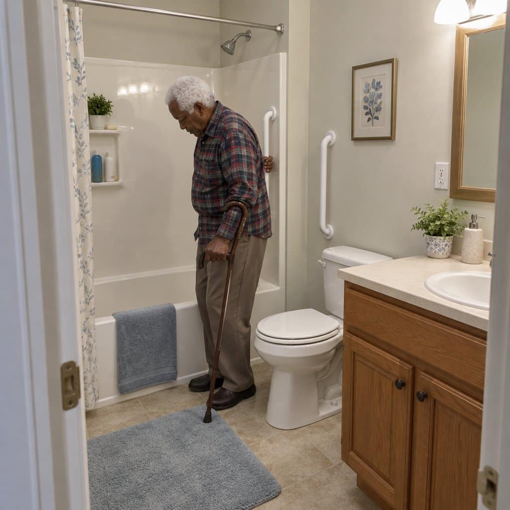 Older man with a cane holding a grab bar beside a bathtub