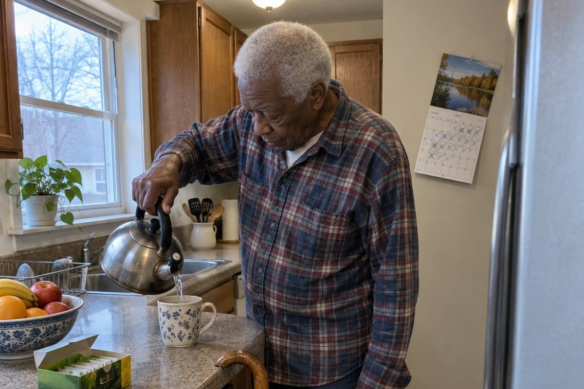 Older man with a cane at a kitchen counter pouring hot water from a kettle with a thick handle into a mug