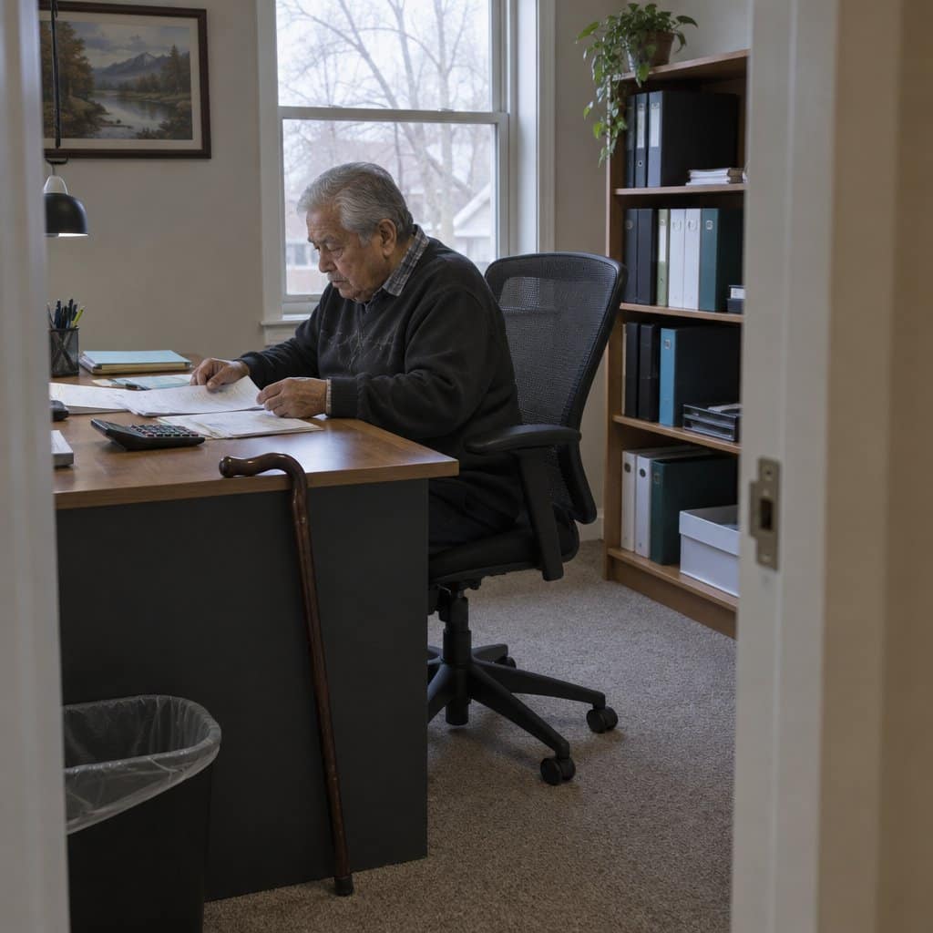 Older man with a cane seated in a mesh office chair doing paperwork at a home desk