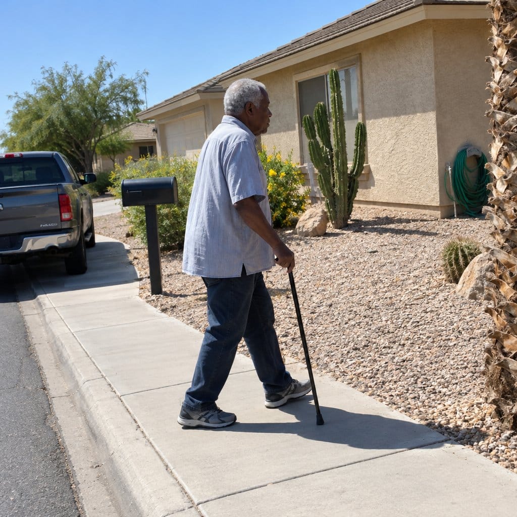 Older man walking with a cane along a sunny desert neighborhood sidewalk