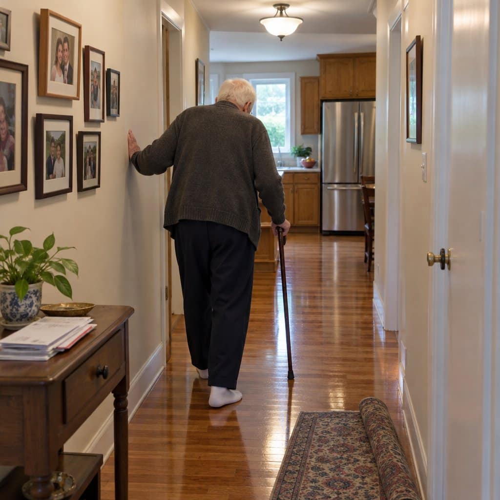 Older man with a cane walking in socks along a hardwood hallway