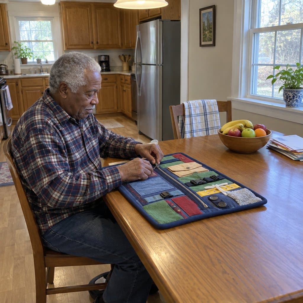 Older man at a kitchen table working a zipper on a fidget blanket with a calm expression.