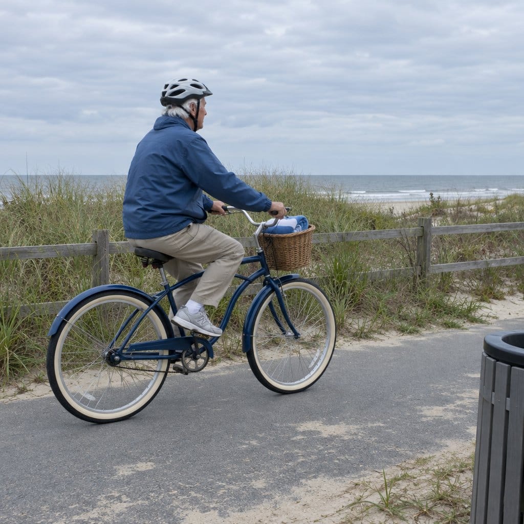 Older man in a helmet riding a beach cruiser along a beach path