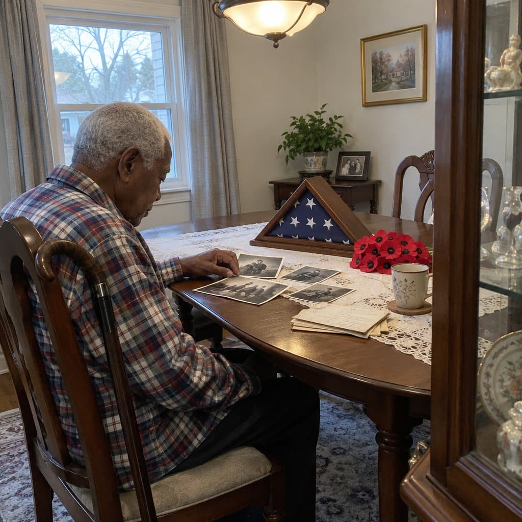 Older man seated at a table with old photos, a folded flag and red poppies, cane on his chair