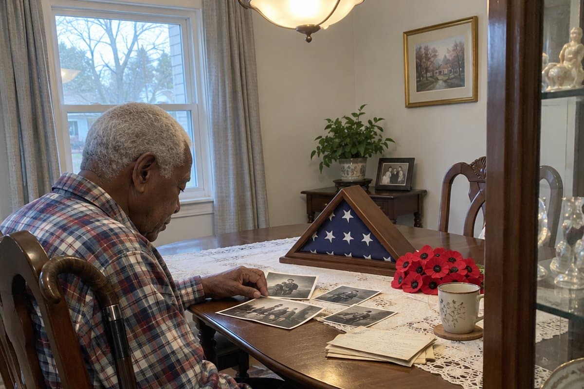 Older man seated at a table with old photos, a folded flag and red poppies, cane on his chair