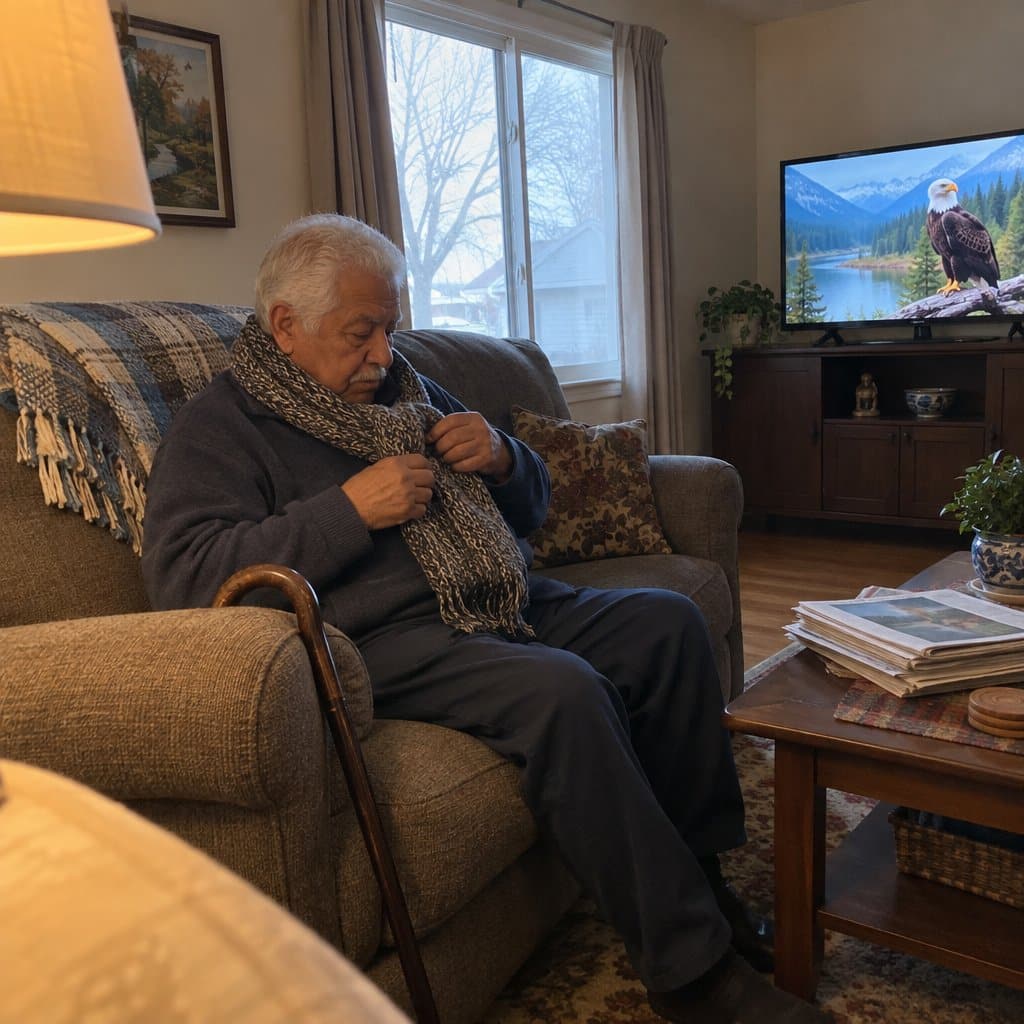 Older man seated on a couch wrapping a knitted scarf around his neck, cane hooked on the armrest