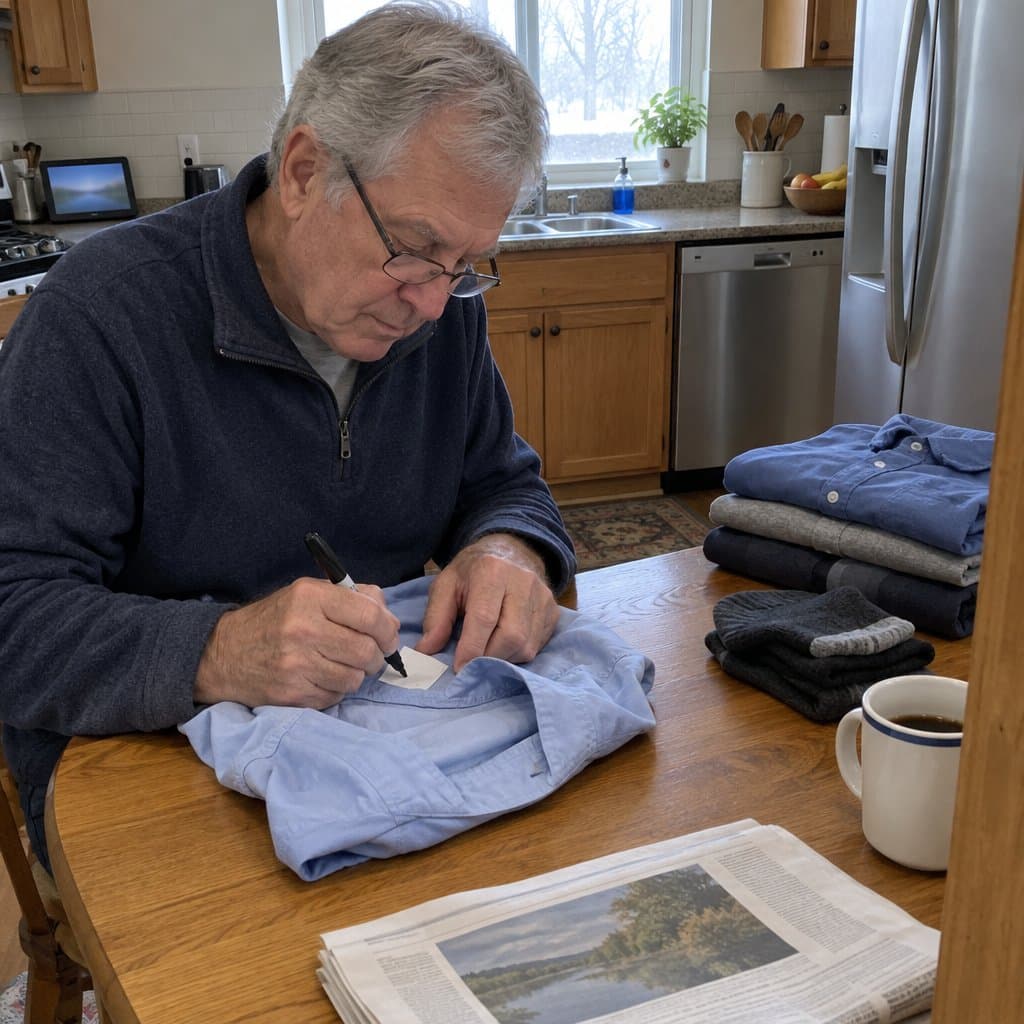Older man at a kitchen table writing on the inside tag of a shirt with a marker