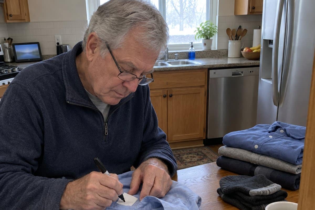 Older man at a kitchen table writing on the inside tag of a shirt with a marker