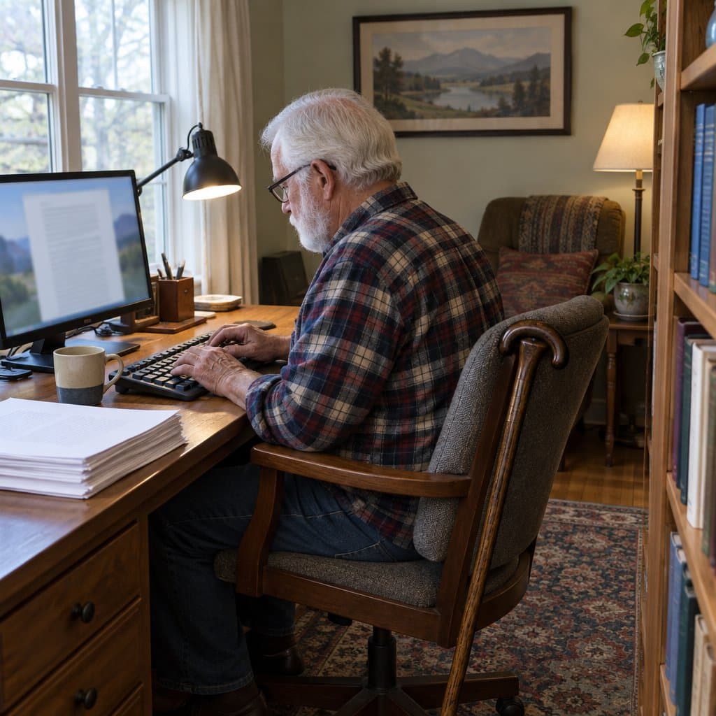 Older man with white beard typing at a desk with stacked manuscript pages and a cane on the chair